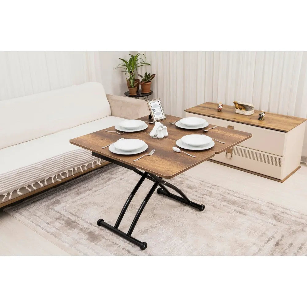 Mini Juppo Dışa K Akıllı Sehpa Üst Tabla Mdf Barok Koyu Ceviz Oval Köşe Alt Ayak Siyah Renk