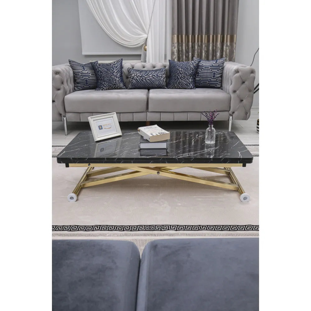 Home Üst Tabla Mdf Siyah Mermer Oval Köşe Alt Ayak Gold Kaplama