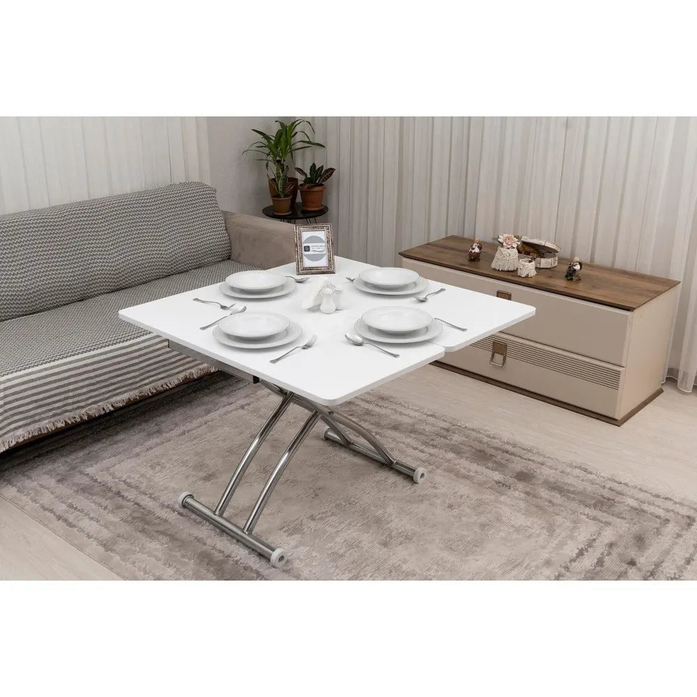 Mini Juppo Dışa K Akıllı Sehpa Üst Tabla Mdf Beyaz Oval Köşe Alt Krom Kaplama