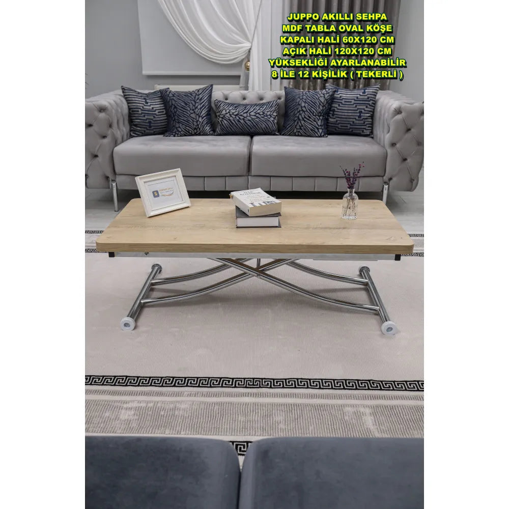 Juppo Üst Tabla Mdf Veli Meşe Oval Köşe Alt Ayak Yuvarlak Krom Kaplama İçe Kıvrım