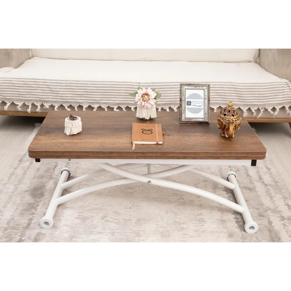 Mini Juppo Dışa K Akıllı Sehpa Üst Tabla Mdf Barok Koyu Ceviz Oval Köşe Alt Ayak Beyaz Renk