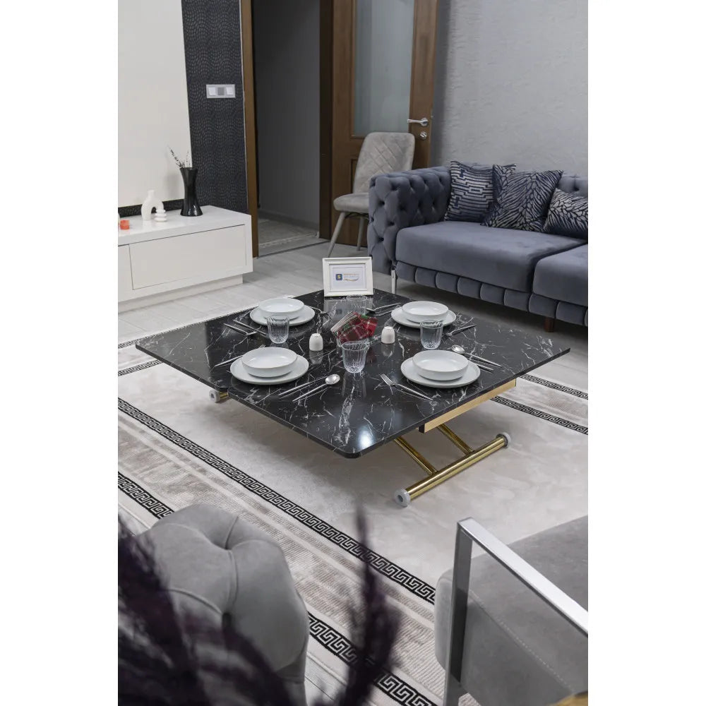 Juppo Üst Tabla Mdf Siyah Mermer Oval Köşe Alt Ayak Yuvarlak Gold Kaplama Dışa Kıvrım