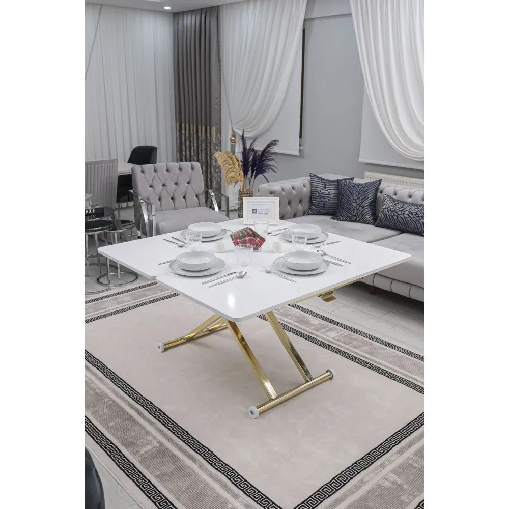 Home Üst Tabla Mdf Beyaz Oval Köşe Alt Ayak Gold Kaplama