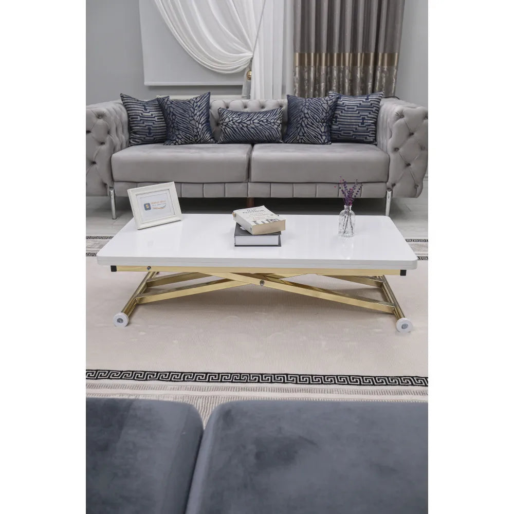 Home Üst Tabla Mdf Beyaz Oval Köşe Alt Ayak Gold Kaplama