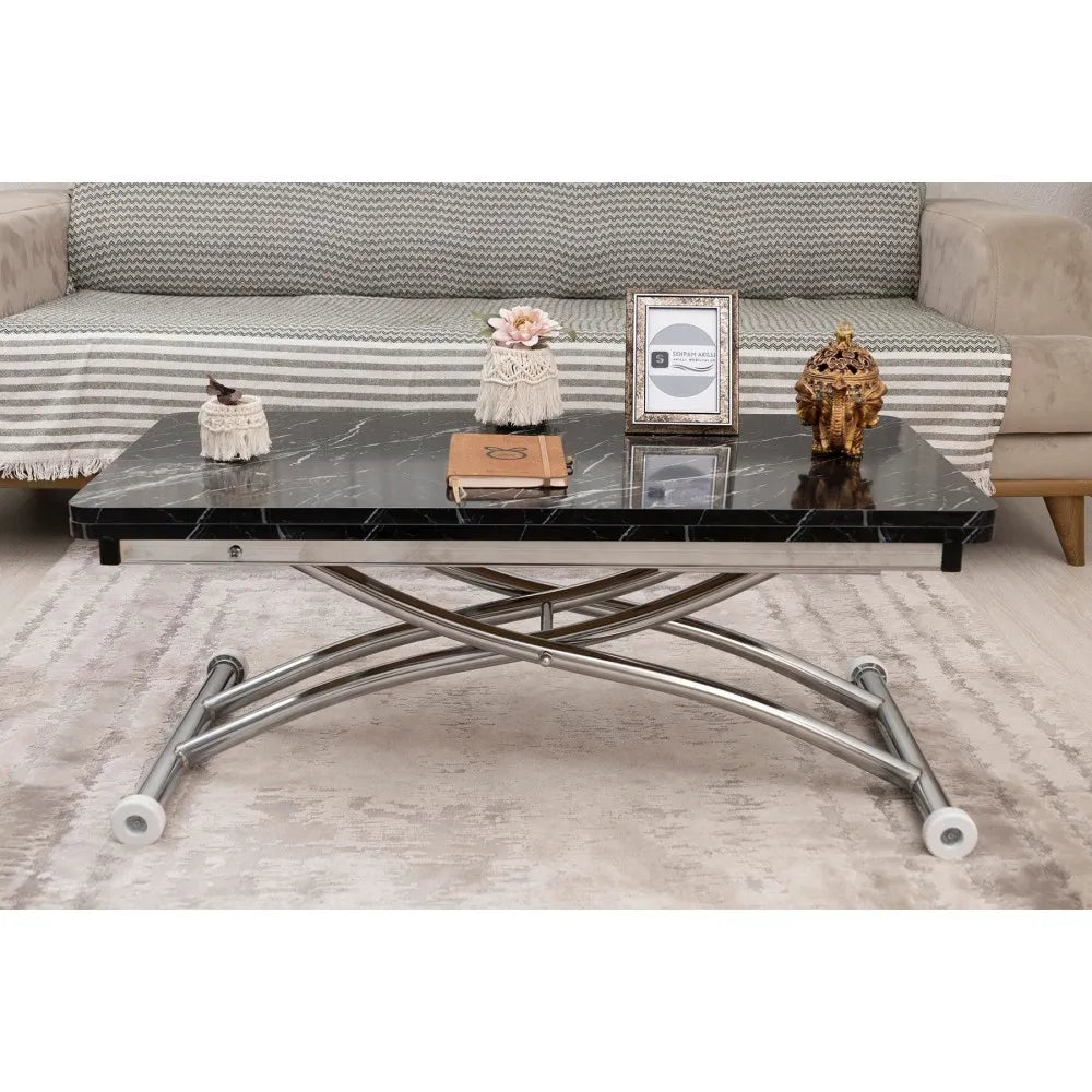 Mini Juppo Dışa K Akıllı Sehpa Üst Tabla Mdf Siyah Mermer Desen Oval Köşe Alt Krom Kaplama