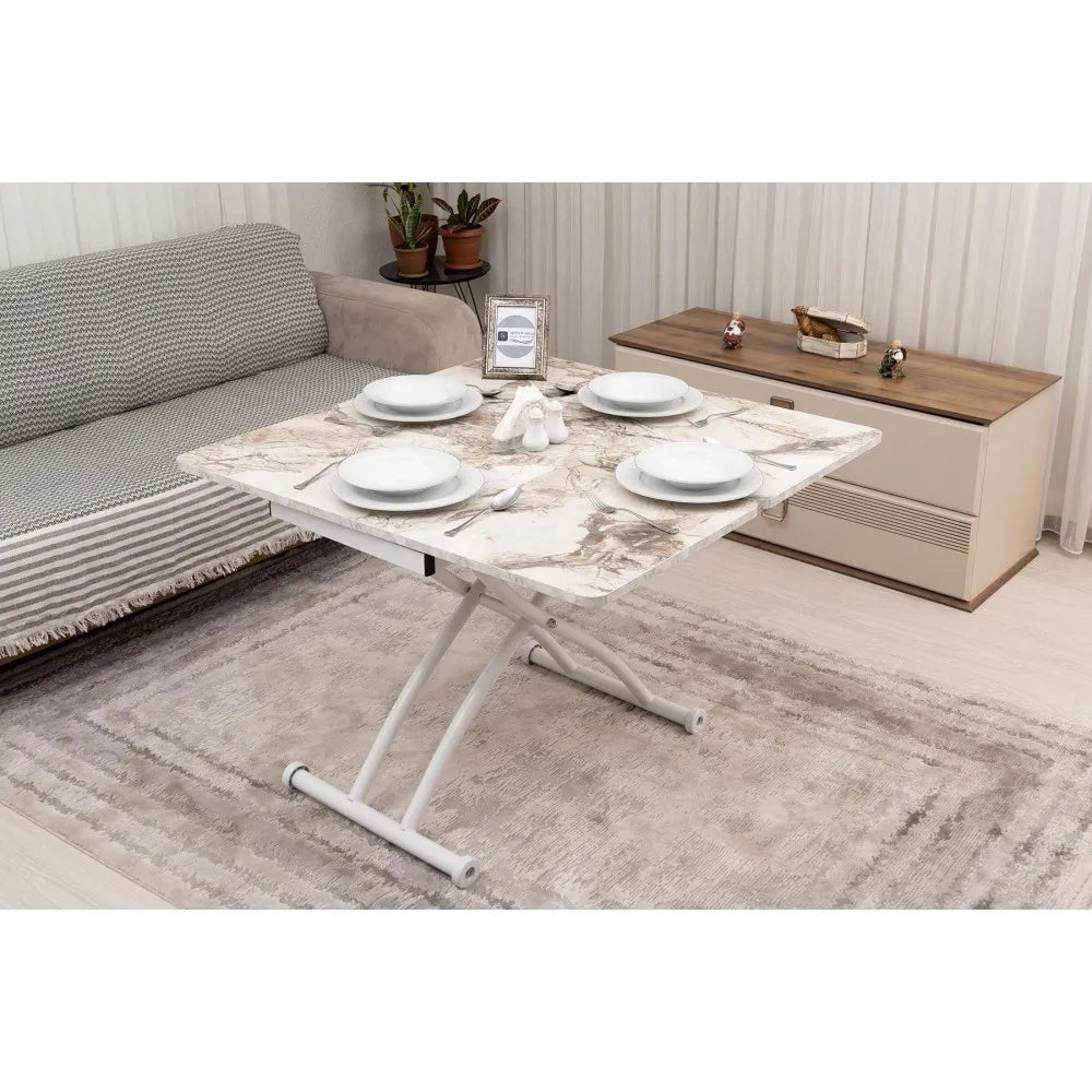 Mini Juppo Dışa K Akıllı Sehpa Üst Tabla Mdf Beyaz Mermer Oval Köşe Alt Beyaz Renk