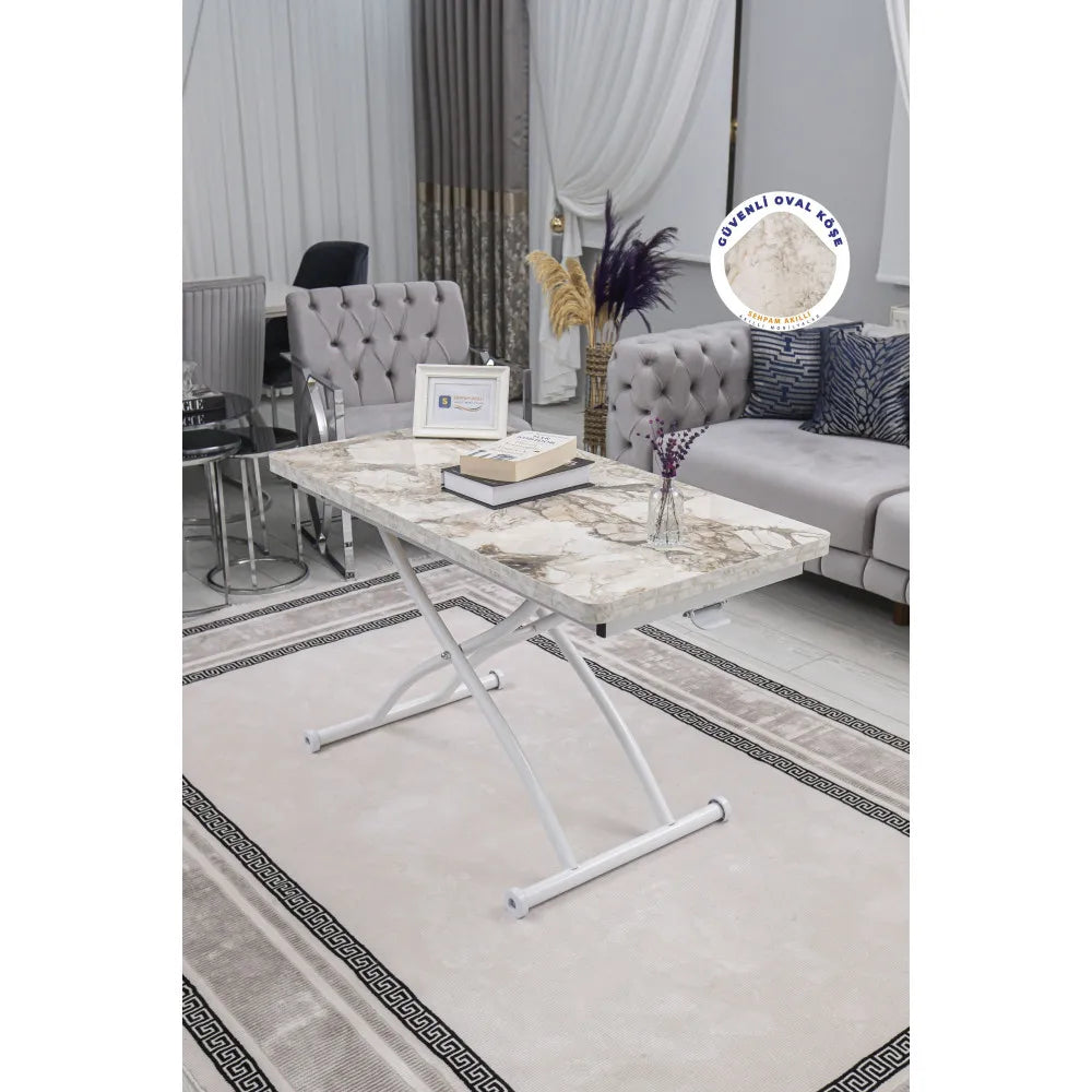 Juppo Üst Tabla Mdf Beyaz Mermer Oval Köşe Alt Ayak Yuvarlak Beyaz Dışa Kıvrım