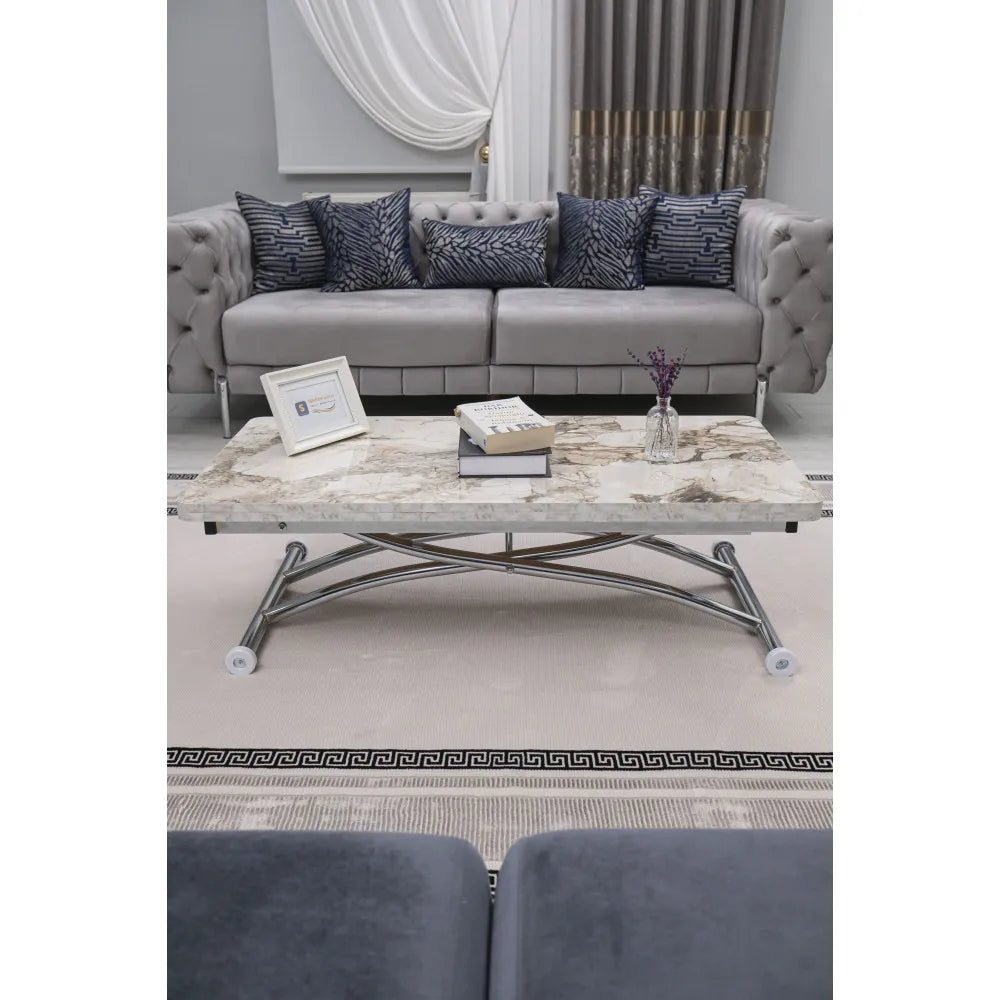 Juppo Üst Tabla Mdf Beyaz Mermer Oval Köşe Alt Ayak Yuvarlak Krom Kaplama Dışa Kıvrım