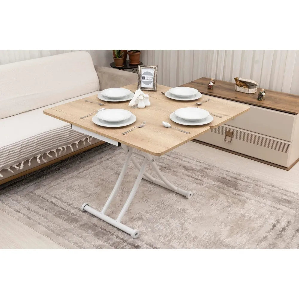 Mini Juppo İçe K Akıllı Sehpa Üst Tabla Mdf VeliMeşe Oval Köşe Alt Ayak Beyaz Renk