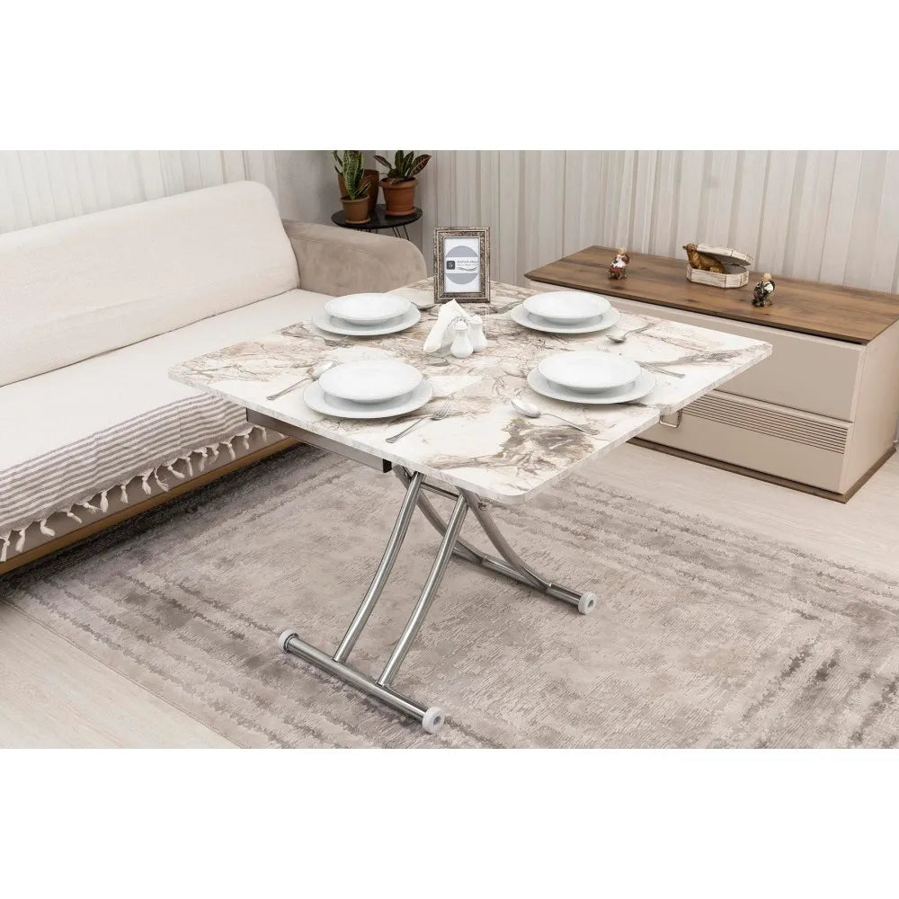 Mini Juppo İçe K Akıllı Sehpa Üst Tabla Mdf Beyaz Mermer Oval Köşe Alt Krom Kaplama