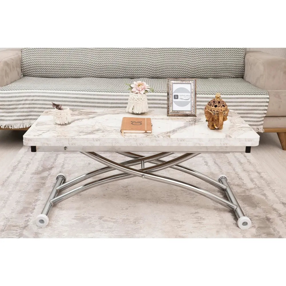 Mini Juppo Dışa K Akıllı Sehpa Üst Tabla Mdf Beyaz Mermer Oval Köşe Alt Krom Kaplama