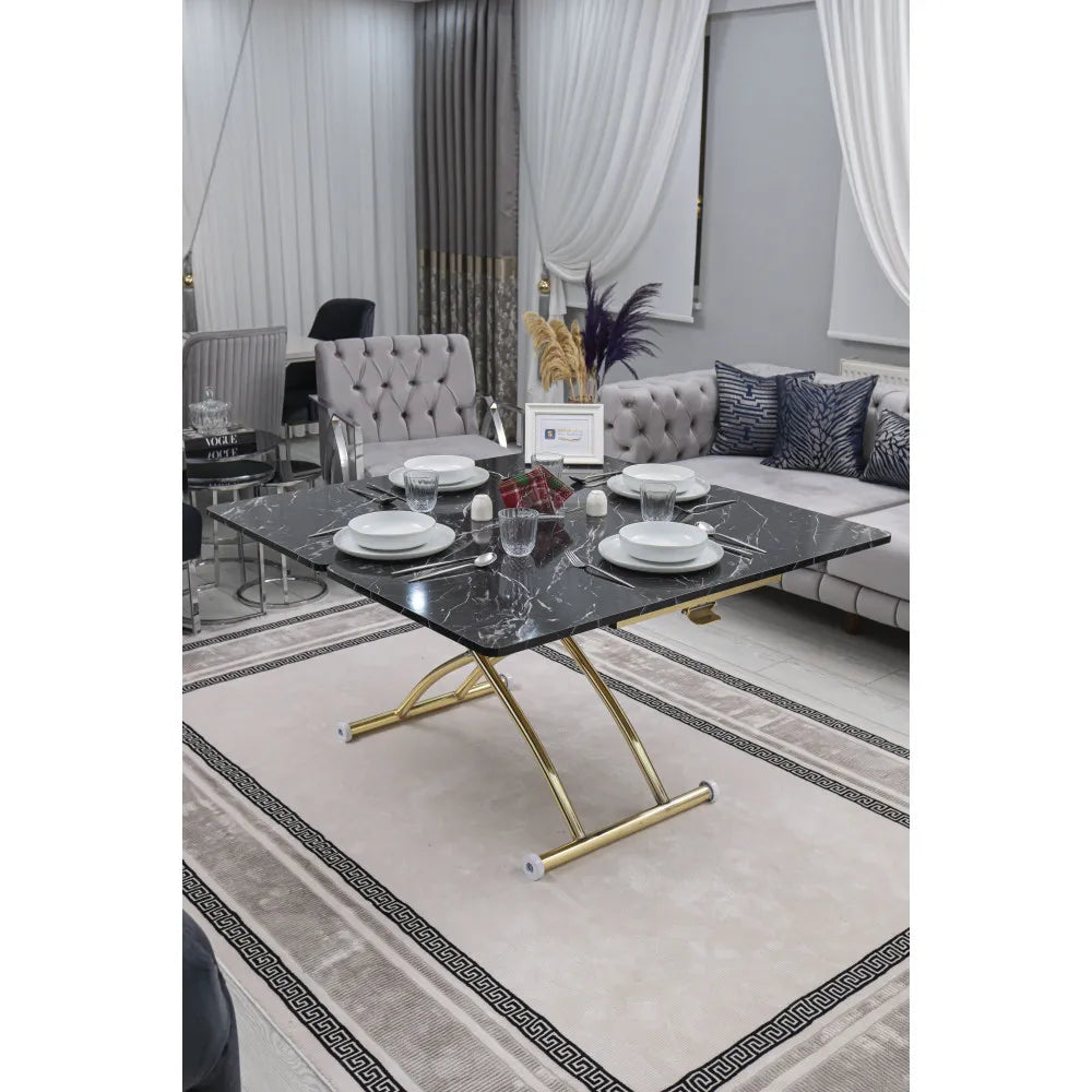 Juppo Üst Tabla Mdf Siyah Mermer Oval Köşe Alt Ayak Yuvarlak Gold Kaplama Dışa Kıvrım