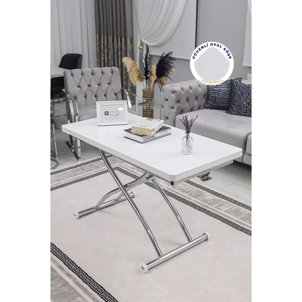 Juppo Üst Tabla Mdf Beyaz Oval Köşe Alt Ayak Yuvarlak Krom Kaplama Dışa Kıvrım