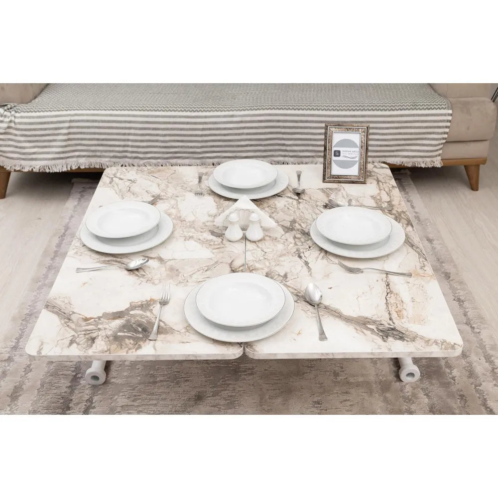 Mini Juppo Dışa K Akıllı Sehpa Üst Tabla Mdf Beyaz Mermer Oval Köşe Alt Beyaz Renk