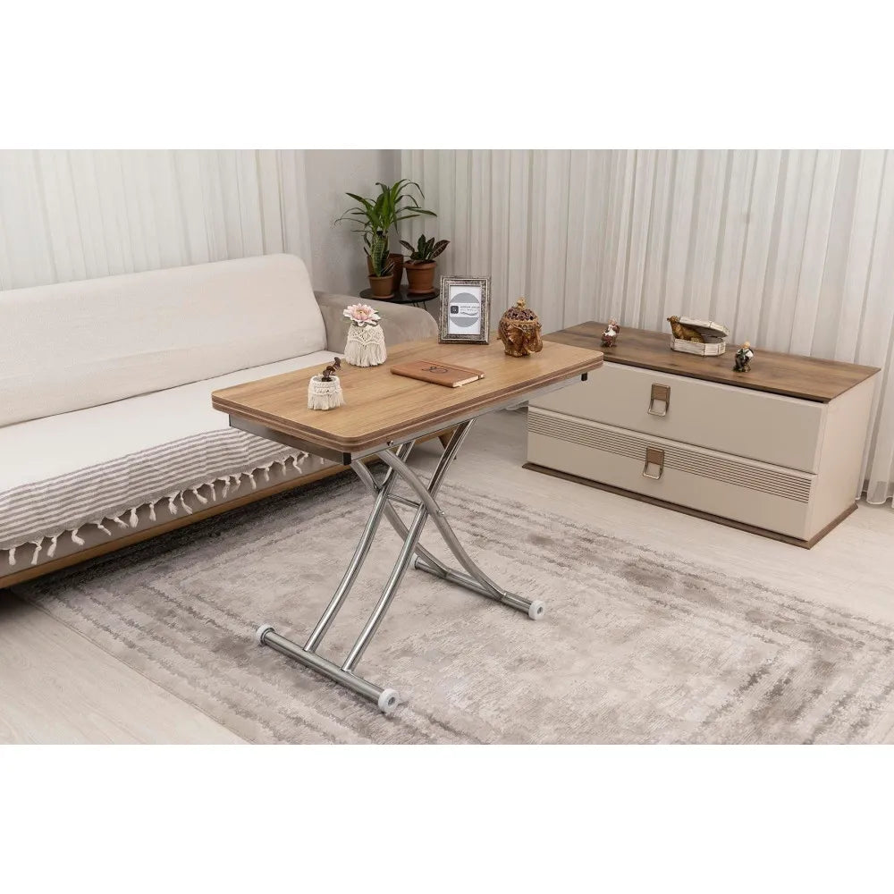 Mini Juppo İçe K Akıllı Sehpa Üst Tabla Mdf Katanya Oval Köşe Alt Krom Kaplama