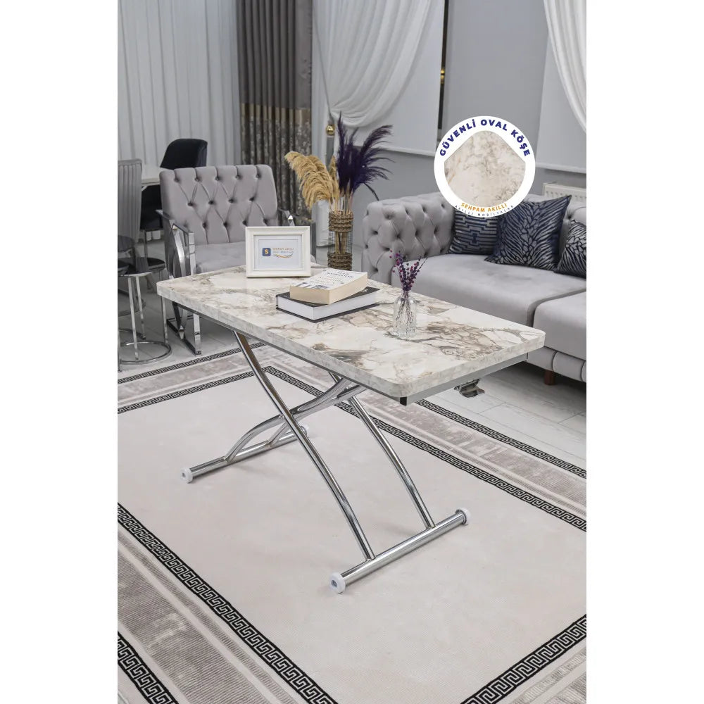 Juppo Üst Tabla Mdf Beyaz Mermer Oval Köşe Alt Ayak Yuvarlak Krom Kaplama Dışa Kıvrım