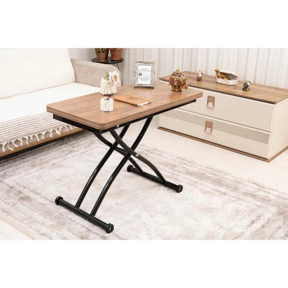 Mini Juppo Dışa K Akıllı Sehpa Üst Tabla Mdf Ceviz Oval Köşe Alt Siyah Renk