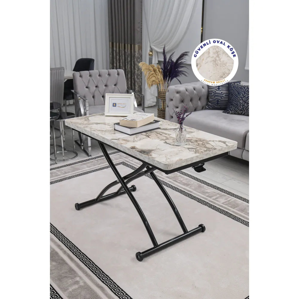 Juppo Üst Tabla Mdf Beyaz Mermer Oval Köşe Alt Ayak Yuvarlak Siyah Dışa Kıvrım