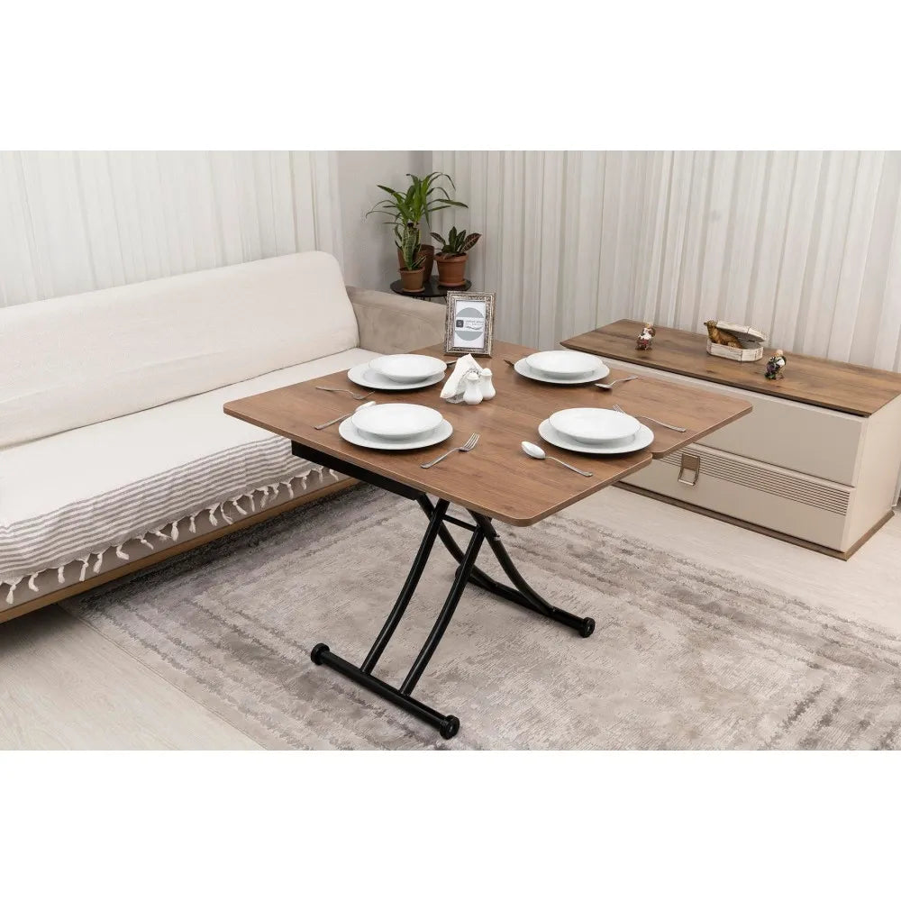 Mini Juppo İçe K Akıllı Sehpa Üst Tabla Mdf Ceviz Oval Köşe Alt Siyah Renk