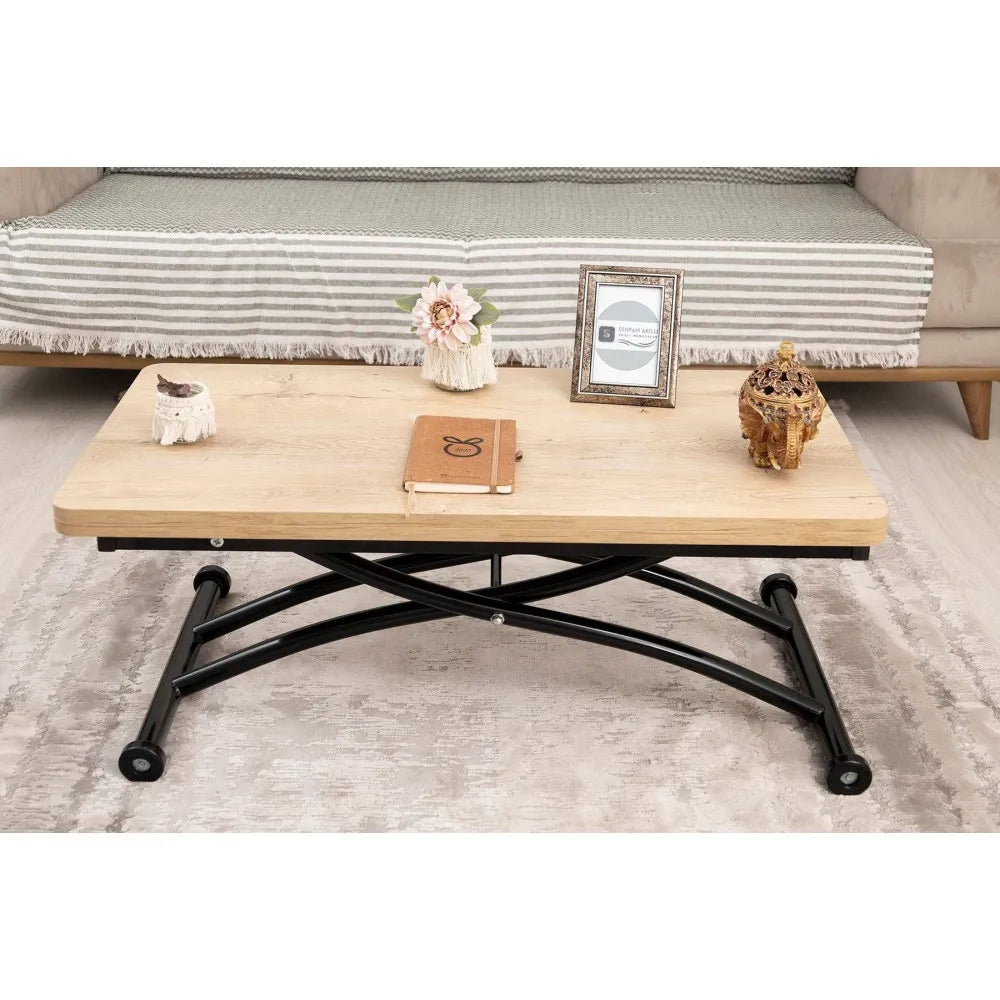 Mini Juppo Dışa K Akıllı Sehpa Üst Tabla Mdf VeliMeşe Oval Köşe Alt Ayak Siyah Renk