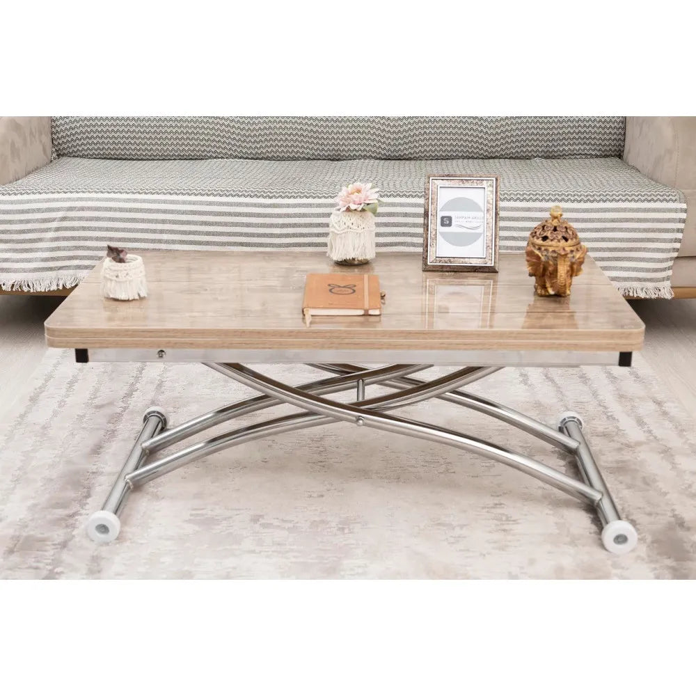 Mini Juppo Dışa K Akıllı Sehpa Üst Tabla Mdf Antiklayt Oval Köşe Alt Krom Kaplama