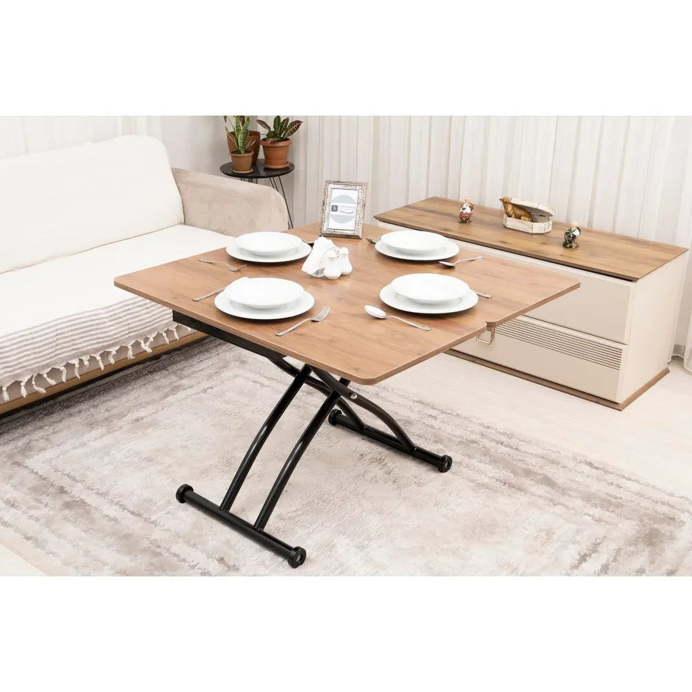 Mini Juppo Dışa K Akıllı Sehpa Üst Tabla Mdf Ceviz Oval Köşe Alt Siyah Renk