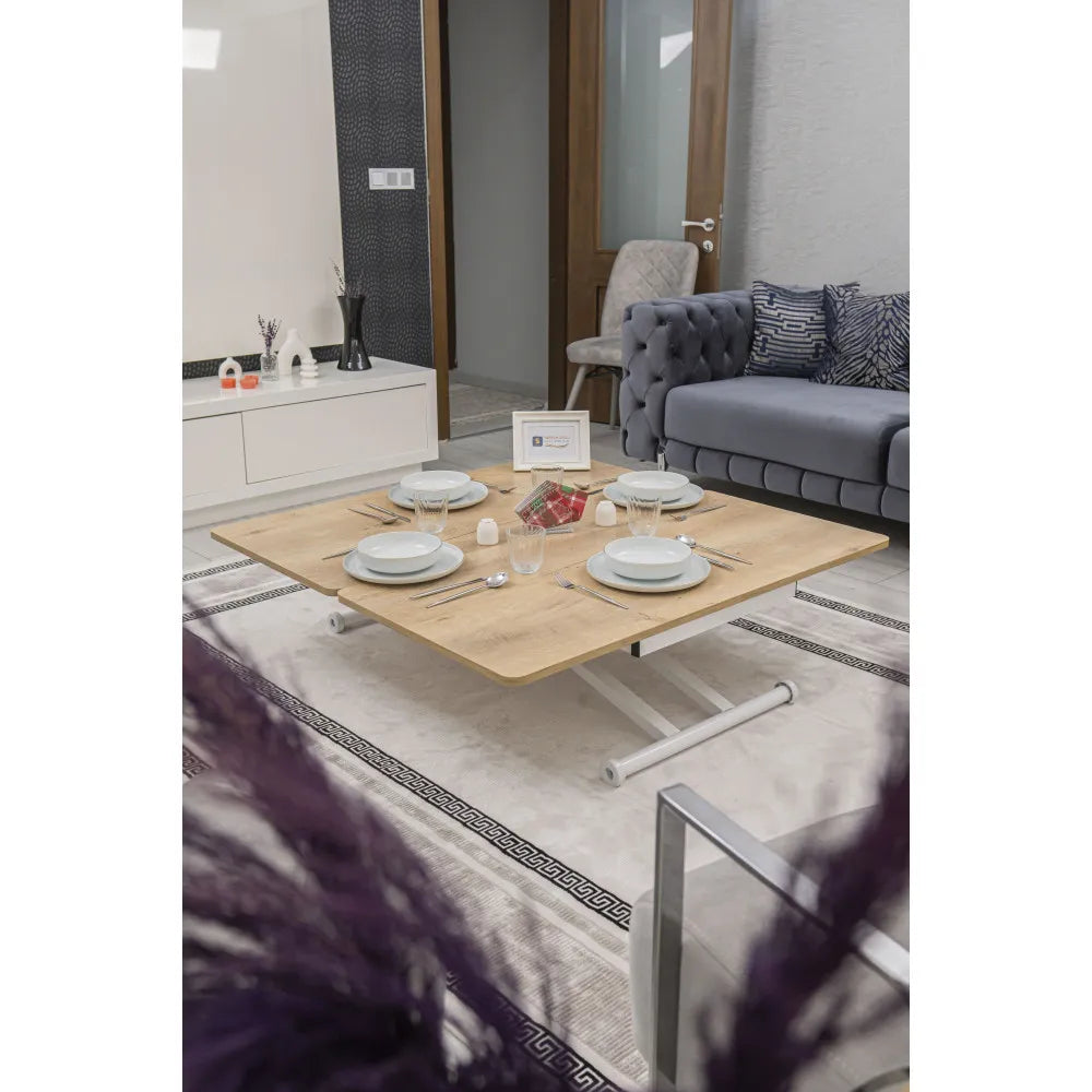 Home Üst Tabla Mdf Veli Meşe Oval Köşe Alt Ayak Beyaz Renk