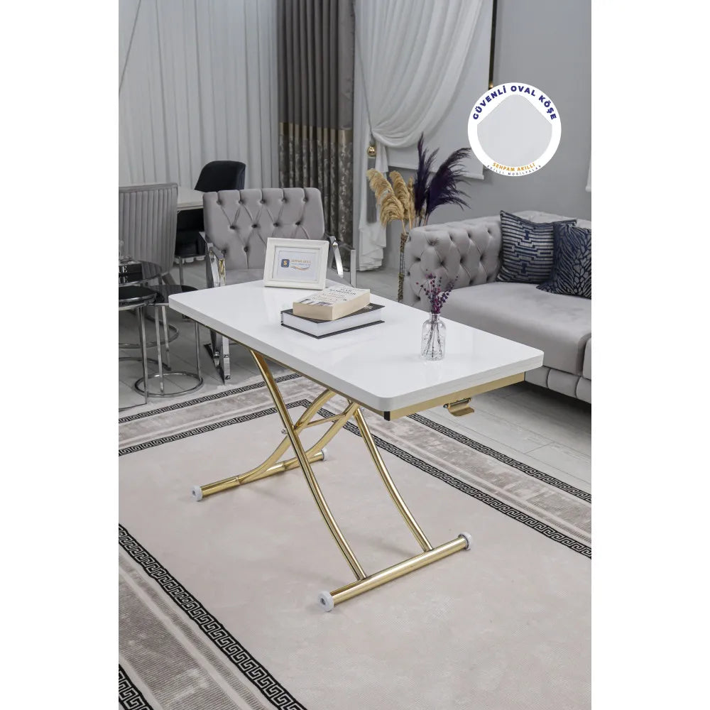 Juppo Üst Tabla Mdf Beyaz Oval Köşe Alt Ayak Yuvarlak Gold Kaplama İçe Kıvrım