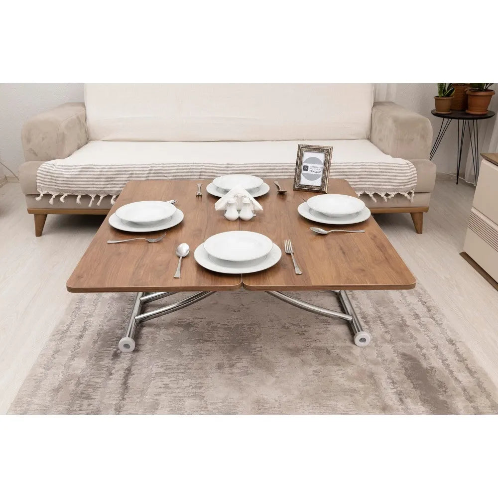 Mini Juppo İçe K Akıllı Sehpa Üst Tabla Mdf Ceviz Oval Köşe Alt Krom Kaplama