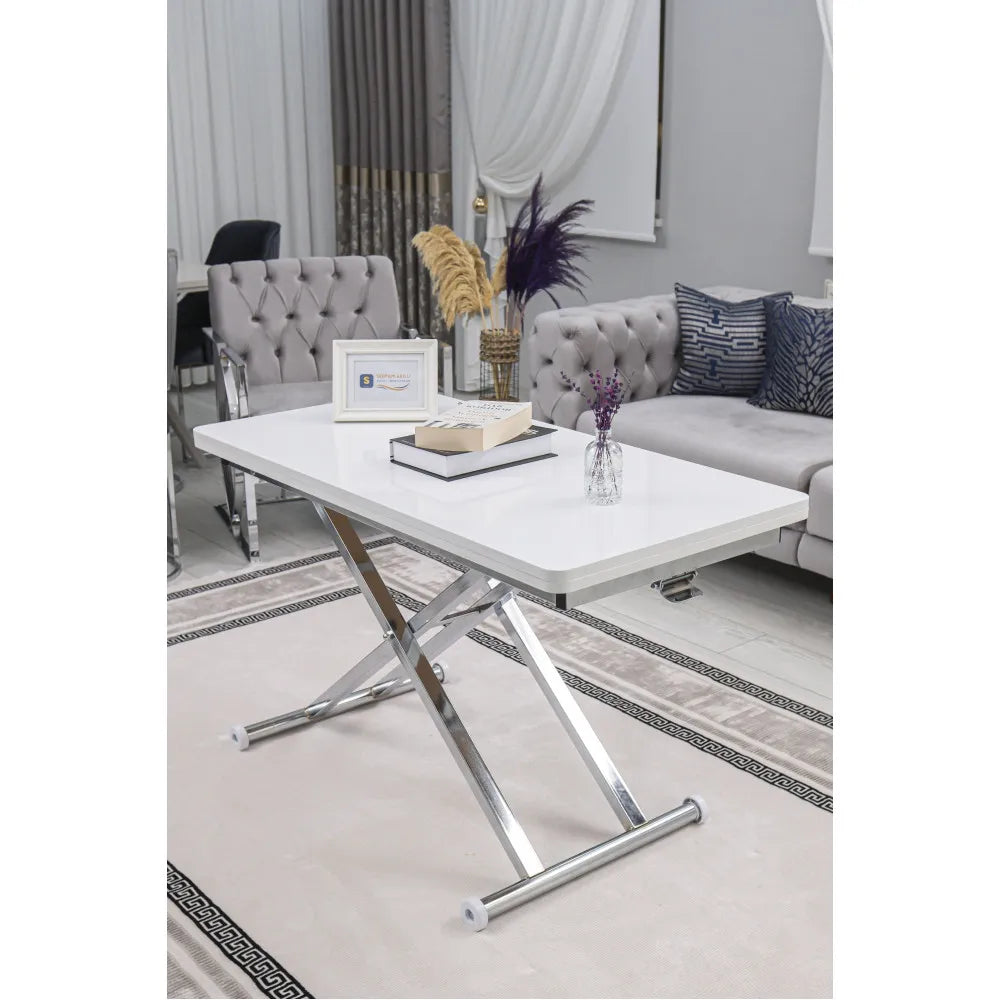 Home Üst Tabla Mdf Beyaz Oval Köşe Alt Ayak Krom Kaplama