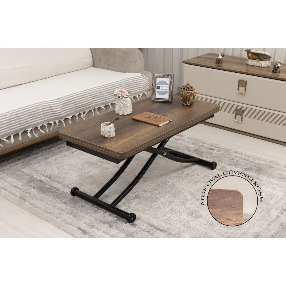 Mini Juppo İçe K Akıllı Sehpa Üst Tabla Mdf Barok Koyu Ceviz Oval Köşe Alt Ayak Siyah Renk