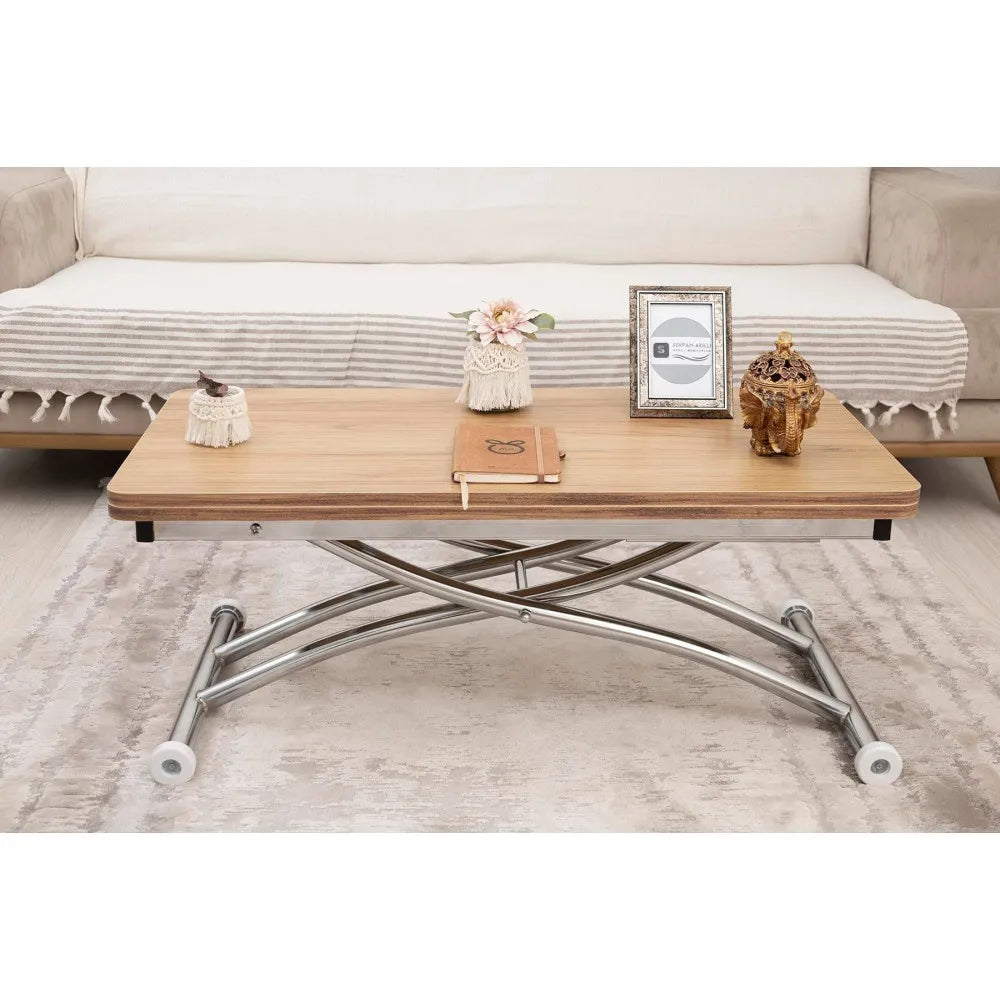 Mini Juppo Dışa K Akıllı Sehpa Üst Tabla Mdf Katanya Oval Köşe Alt Krom Kaplama