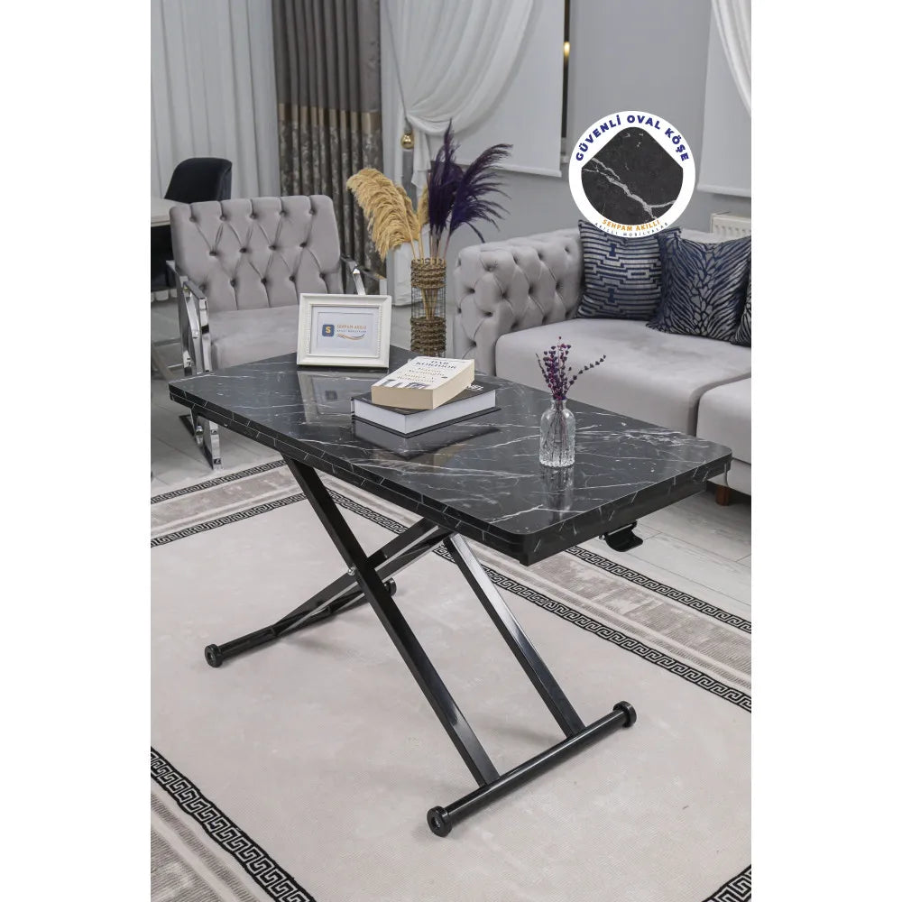 Home Üst Tabla Mdf Siyah Mermer Oval Köşe Alt Ayak Siyah Renk