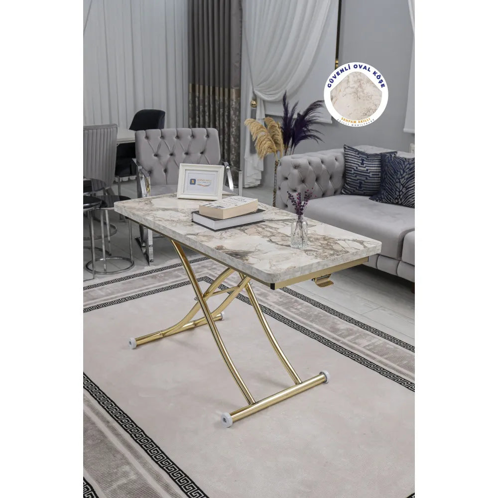 Juppo Üst Tabla Mdf Beyaz Mermer Oval Köşe Alt Ayak Yuvarlak Gold Kaplama İçe Kıvrım