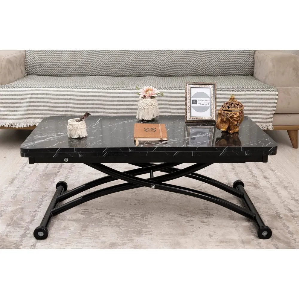 Mini Juppo Dışa K Akıllı Sehpa Üst Tabla Mdf Siyah Mermer Oval Köşe Alt Siyah Renk