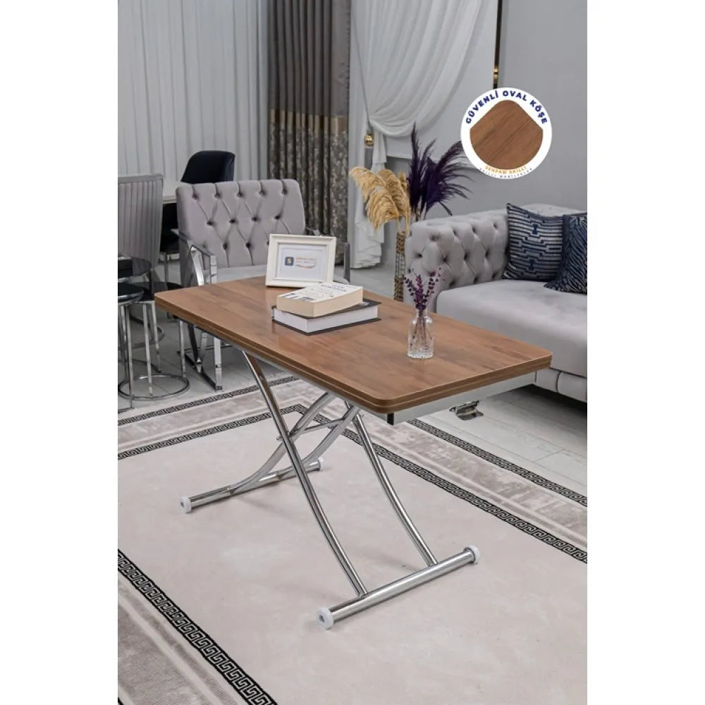 Juppo Üst Tabla Mdf Ceviz Oval Köşe Alt Ayak Yuvarlak Krom Kaplama İçe Kıvrım