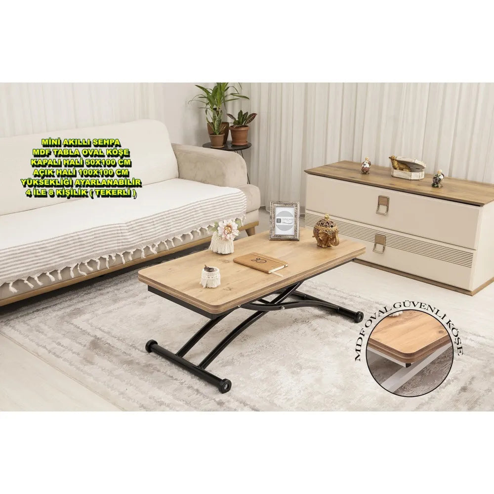 Mini Juppo Dışa K Akıllı Sehpa Üst Tabla Mdf EfesÇam Oval Köşe Alt Siyah Renk