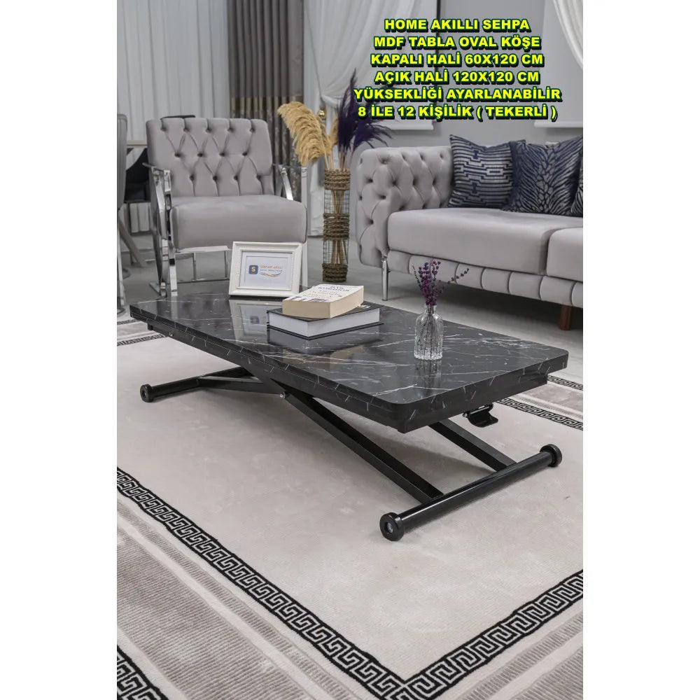 Home Üst Tabla Mdf Siyah Mermer Oval Köşe Alt Ayak Siyah Renk