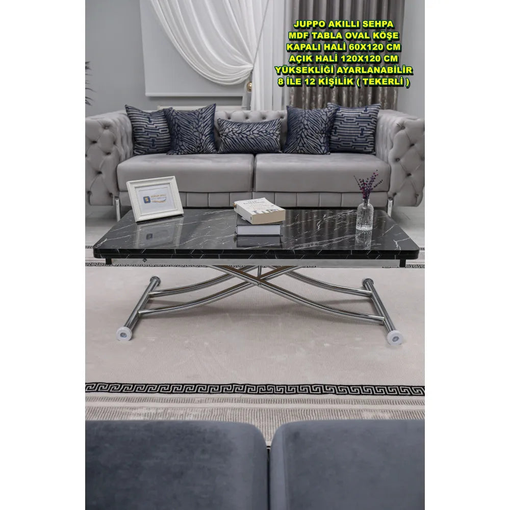Juppo Üst Tabla Mdf Siyah Mermer Oval Köşe Alt Ayak Yuvarlak Krom Kaplama İçe Kıvrım