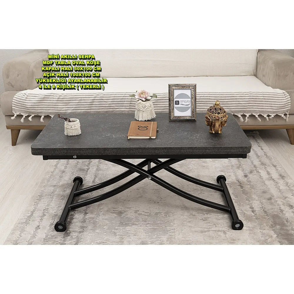 Mini Juppo İçe K Akıllı Sehpa Üst Tabla Mdf Frezeli Antrasit Oval Köşe Alt Siyah Renk