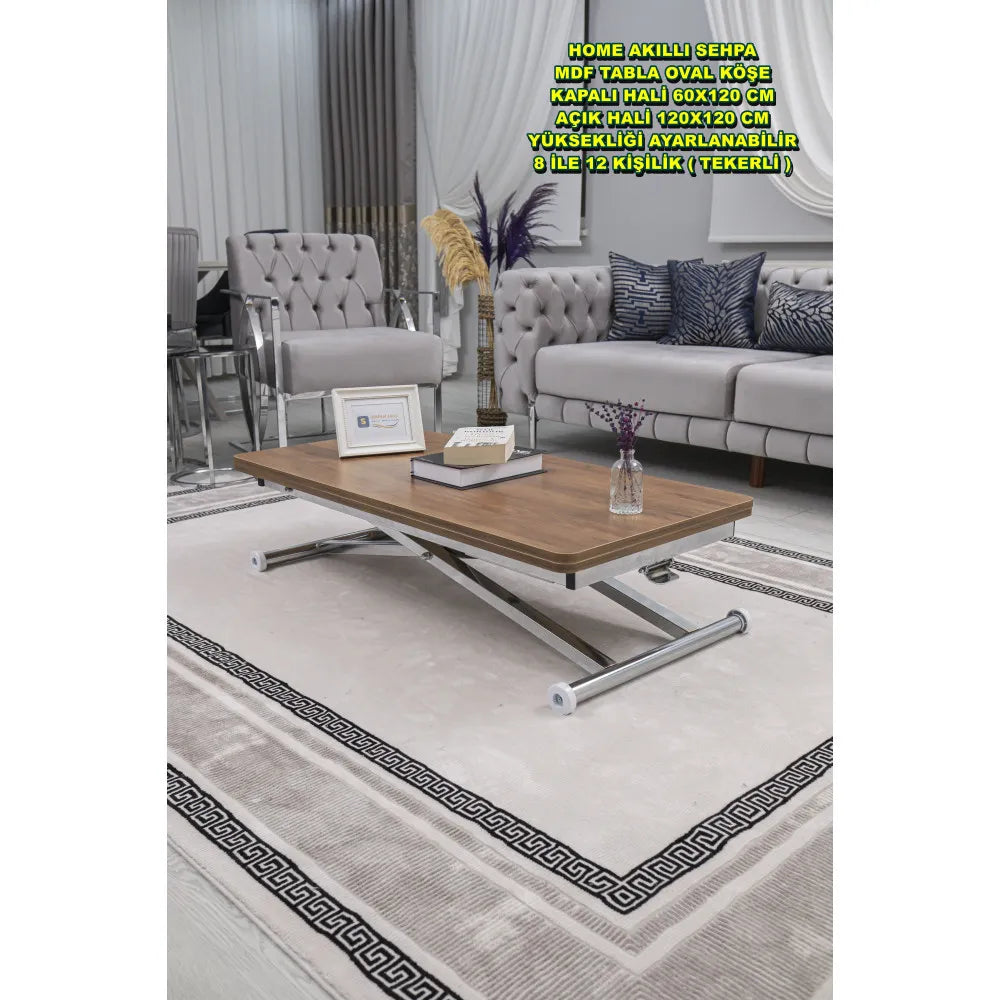 Home Üst Tabla Mdf Ceviz Oval Köşe Alt Ayak Krom Kaplama