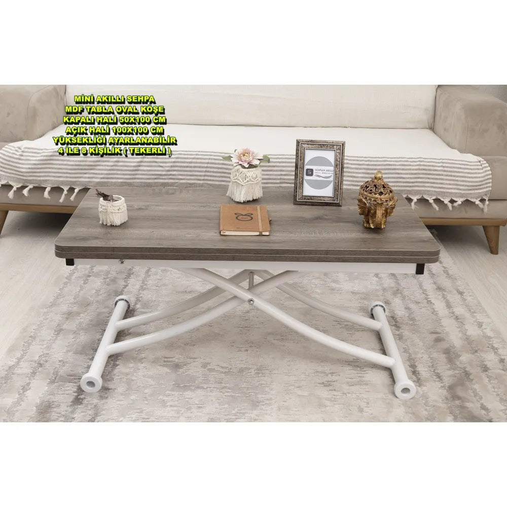 Mini Juppo İçe K Akıllı Sehpa Üst Tabla Mdf Hattuşa Oval Köşe Alt Ayak Beyaz Renk
