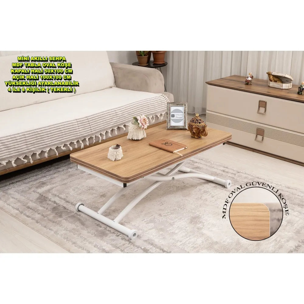 Mini Juppo Dışa K Akıllı Sehpa Üst Tabla Mdf Katanya Oval Köşe Alt Beyaz Renk