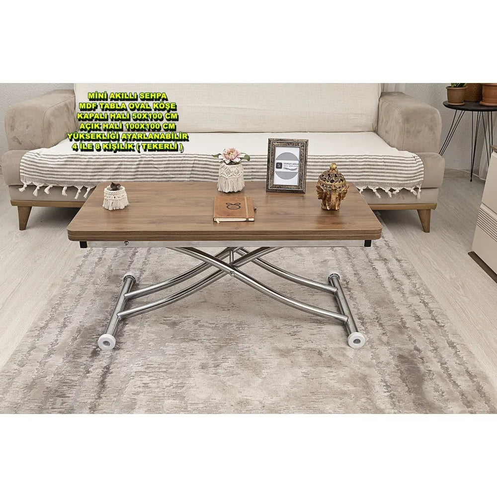 Mini Juppo İçe K Akıllı Sehpa Üst Tabla Mdf Ceviz Oval Köşe Alt Krom Kaplama