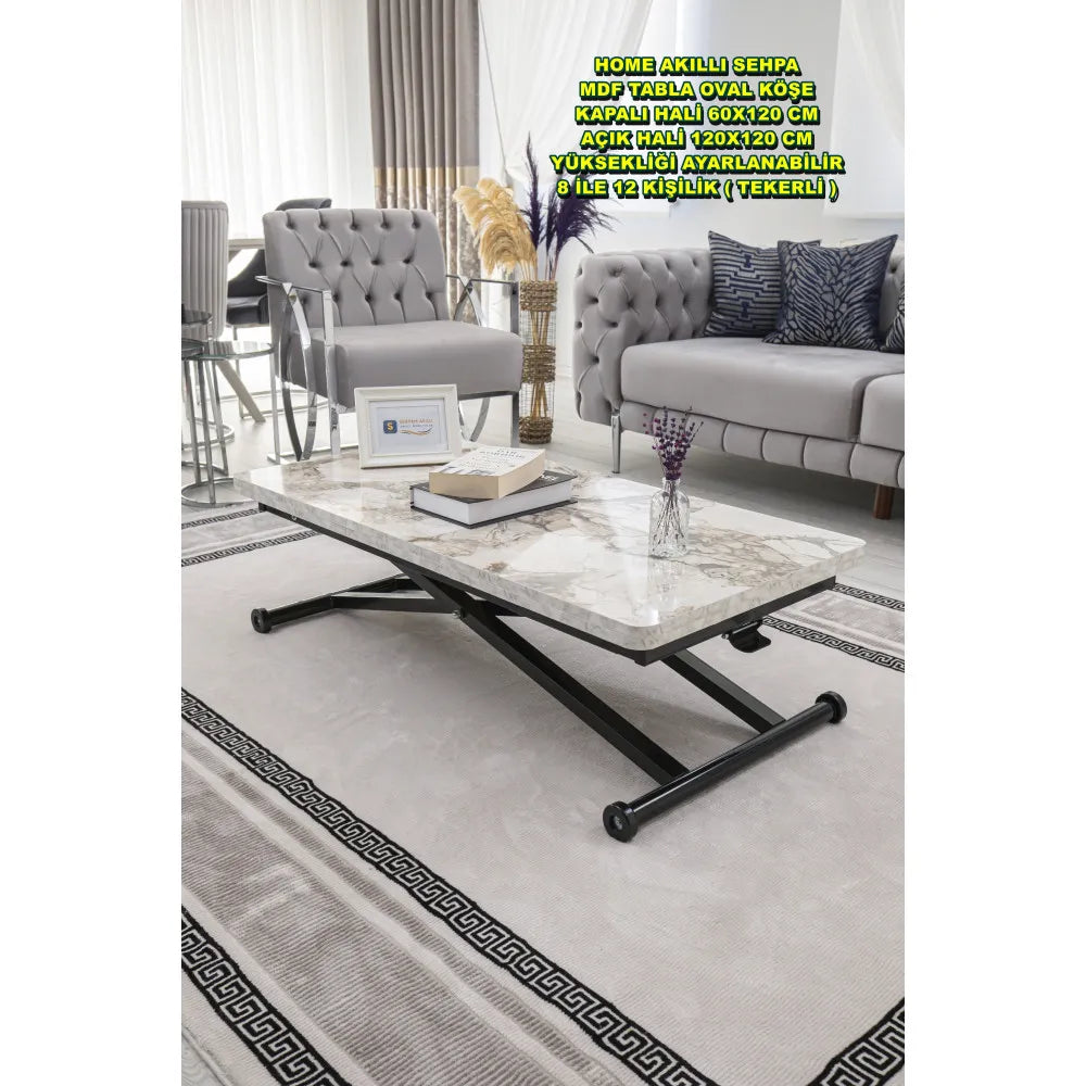 Home Üst Tabla Mdf Beyaz Mermer Oval Köşe Alt Ayak Siyah Renk