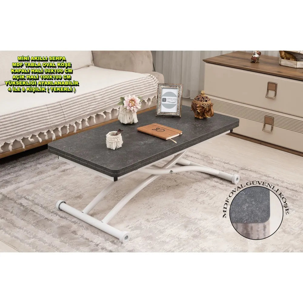 Mini Juppo Dışa K Akıllı Sehpa Üst Tabla Mdf Frezeli Antrasit  Oval Köşe Alt Beyaz Renk
