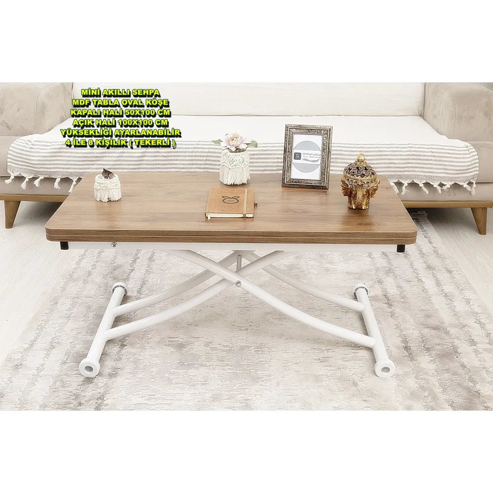 Mini Juppo İçe K Akıllı Sehpa Üst Tabla Mdf Ceviz Oval Köşe Alt Beyaz Renk