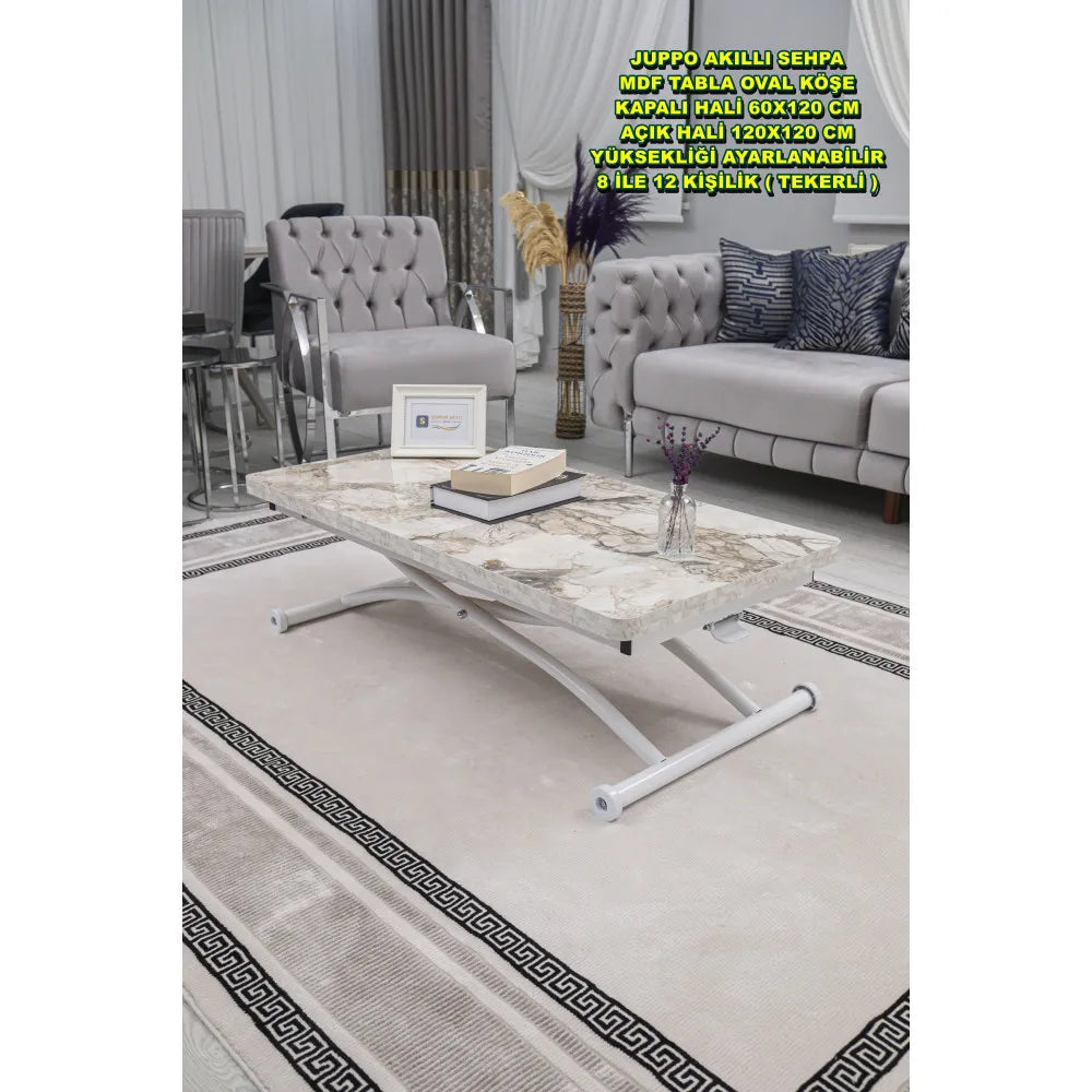 Juppo Üst Tabla Mdf Beyaz Mermer Oval Köşe Alt Ayak Yuvarlak Beyaz Dışa Kıvrım