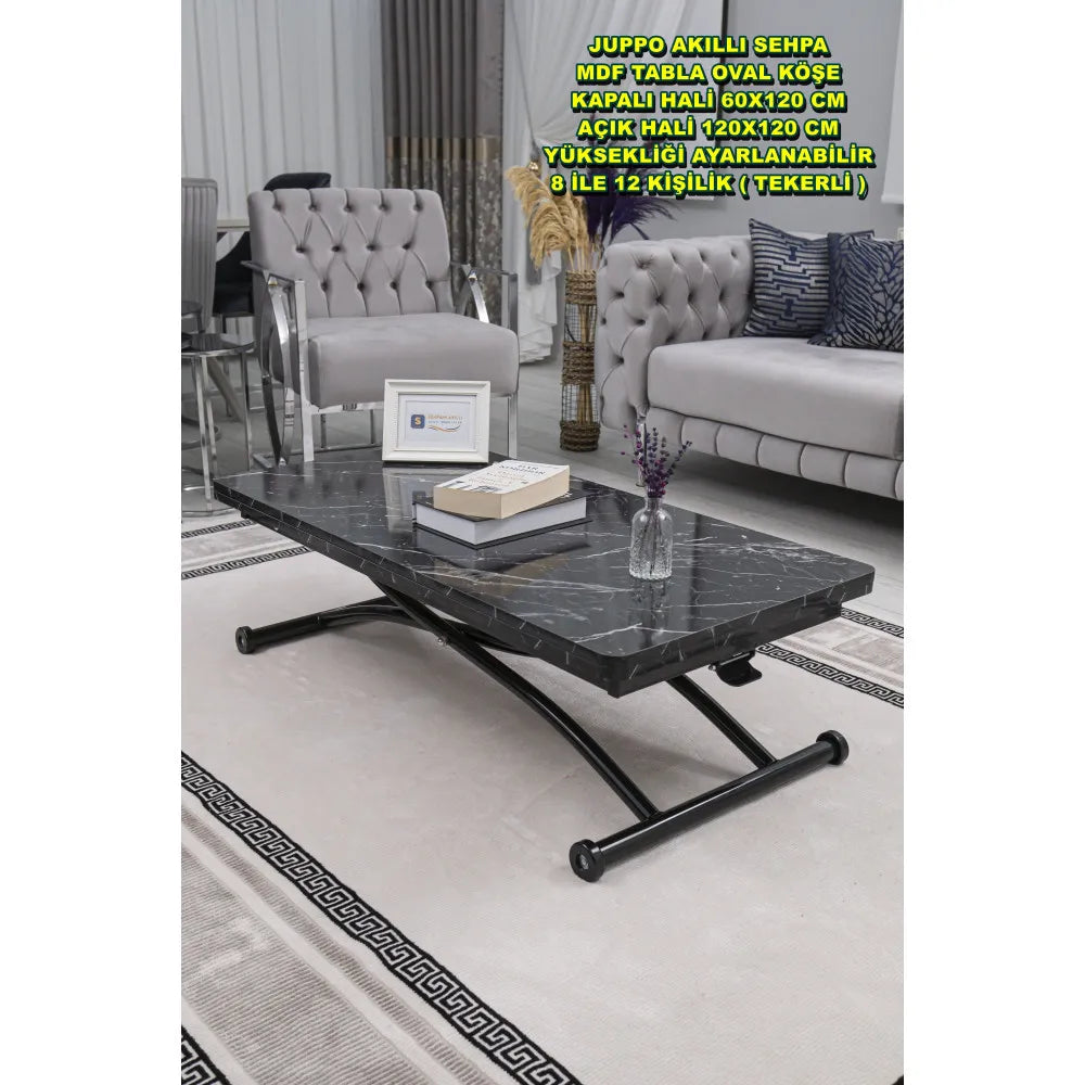 Juppo Üst Tabla Mdf Siyah Mermer Oval Köşe Alt Ayak Yuvarlak Siyah Dışa Kıvrım
