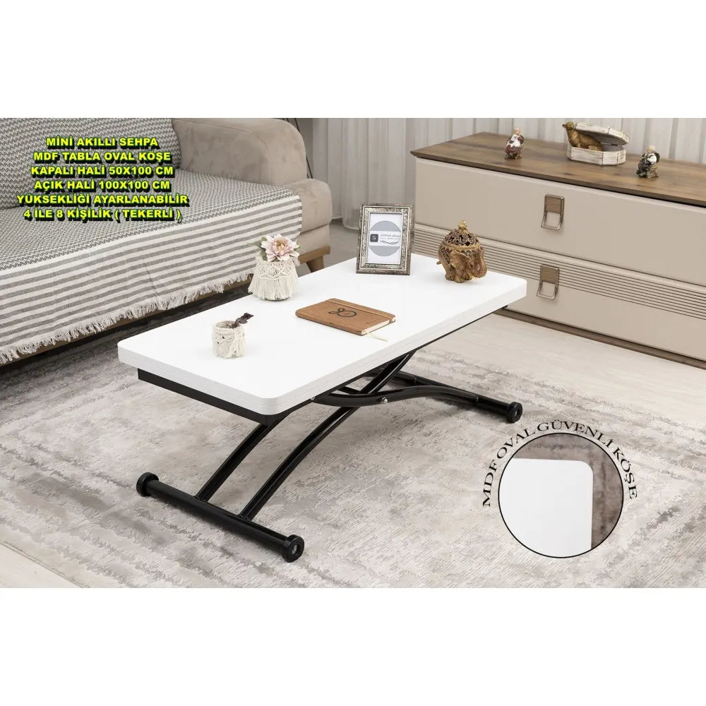 Mini Juppo Dışa K Akıllı Sehpa Üst Tabla Mdf Beyaz Oval Köşe Alt Siyah Renk